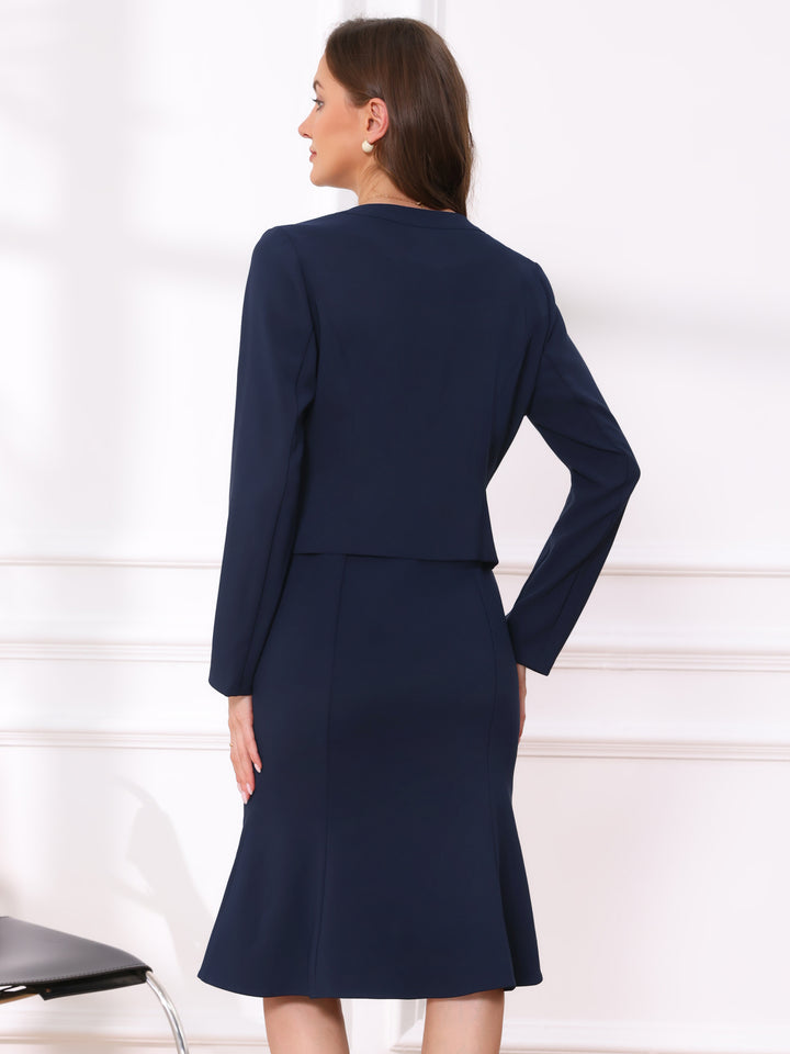 2 Pieces Long Sleeves Collarless Jacket & Sleeveless Fishtail Midi Dress Sets, Dark Blue / XL 2 Pieces Long Sleeves Collarless Jacket & Sleeveless Fishtail Midi Dress Sets, Dark Blue / XL