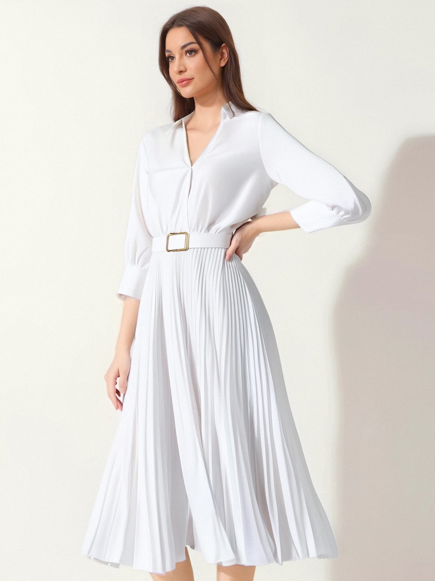 Chemise élégante unie, col tailleur, robe midi plissée à ceinture