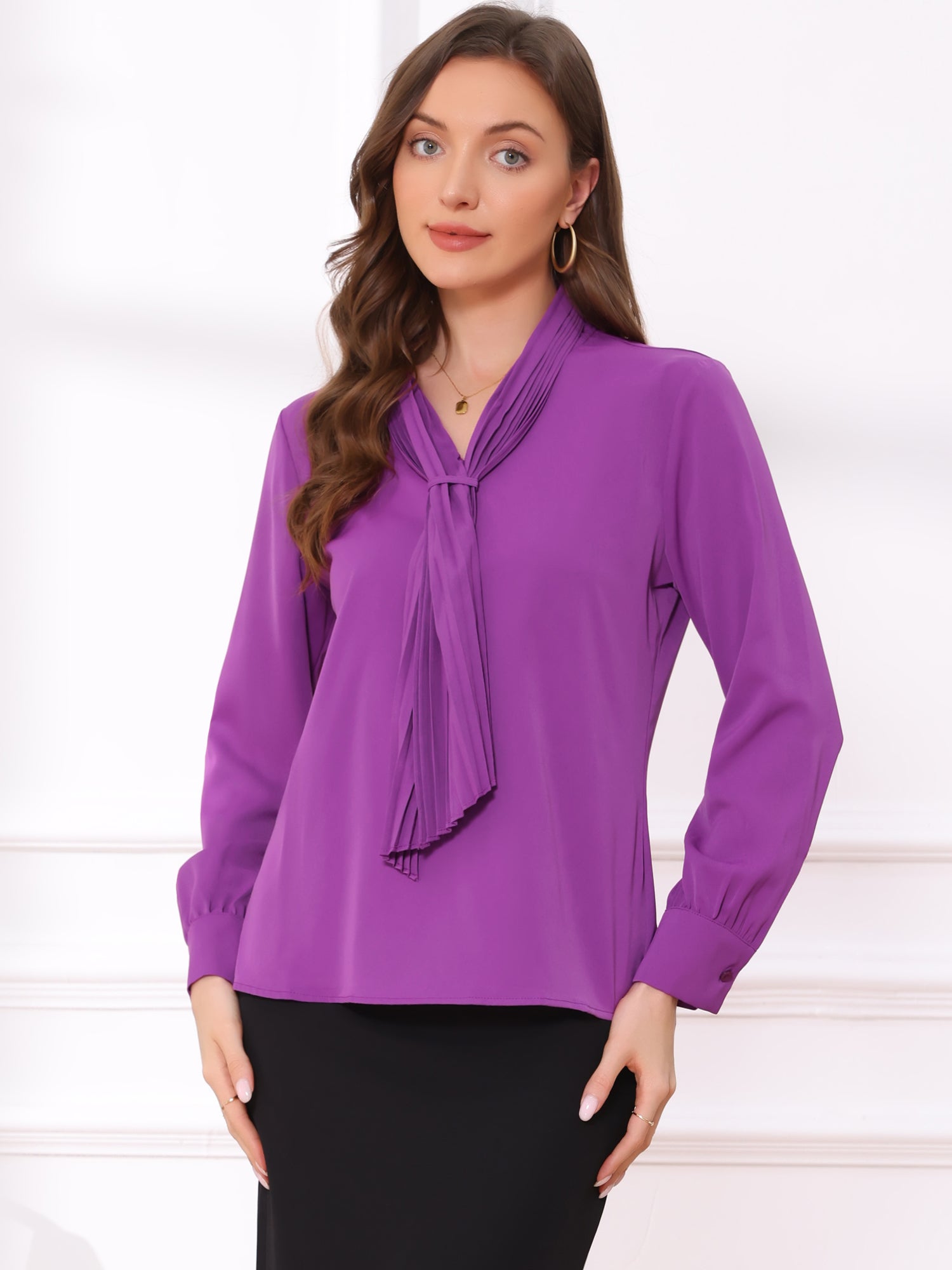 Long Sleeve Chiffon Pleated Tie Neck Office Blouse