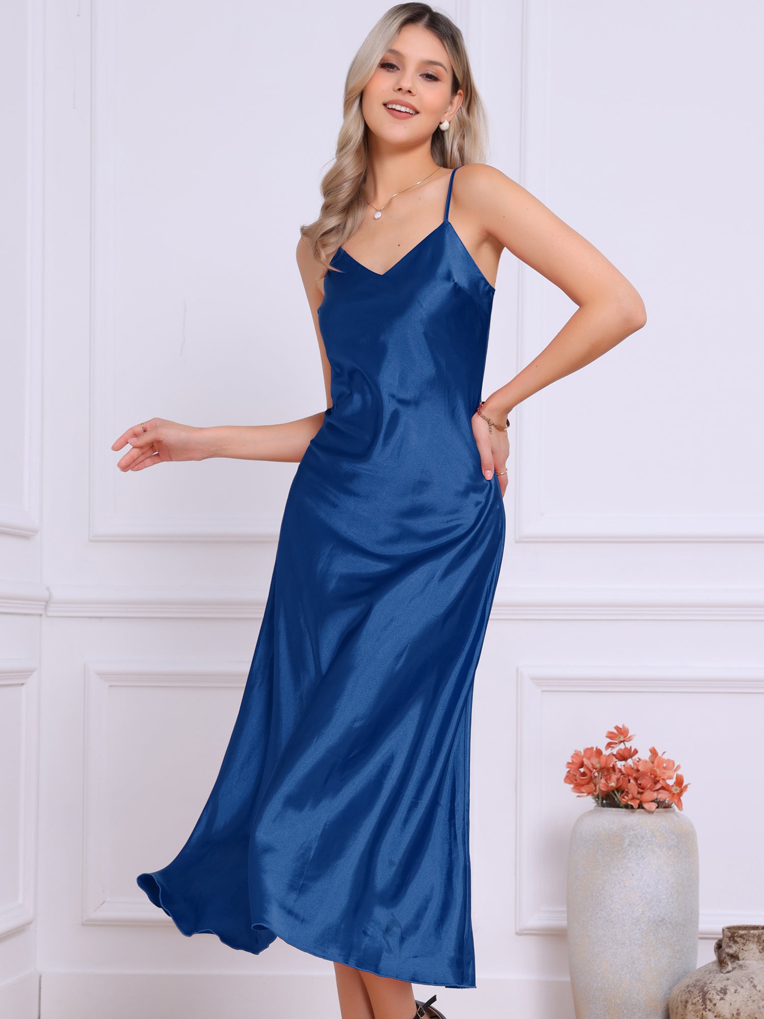 allegra maxi dress champagne Satin Sleeveless Spaghetti Strap Maxi Dress, Royal Blue / XL