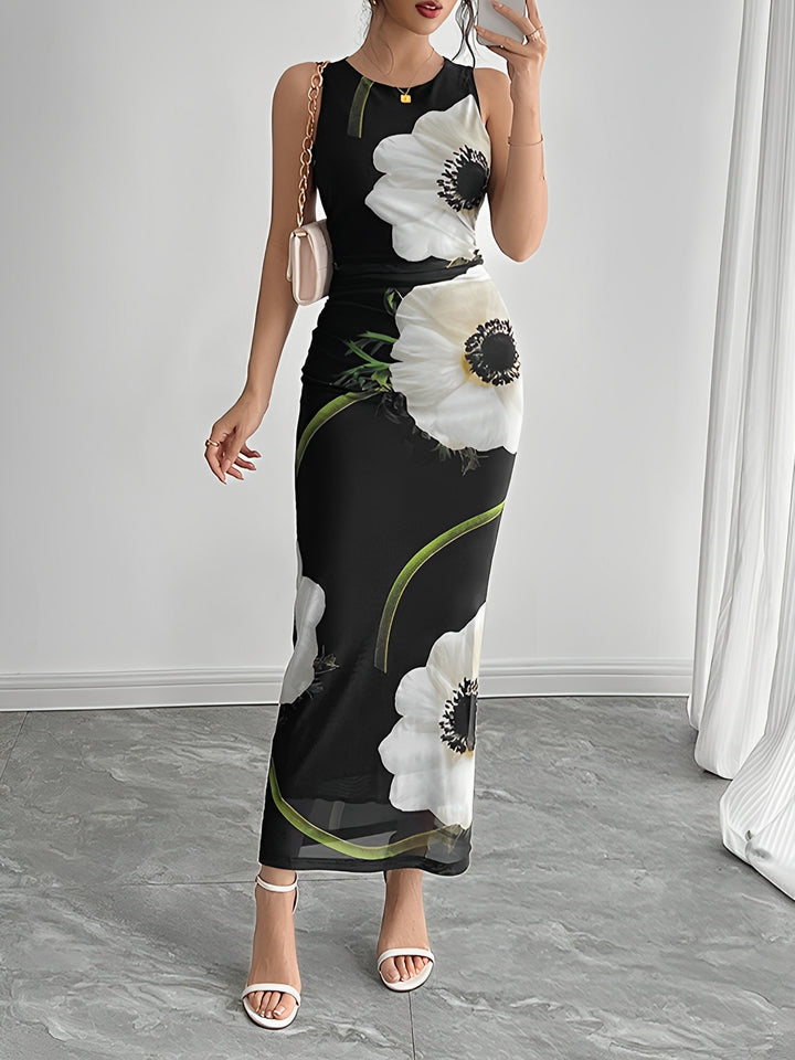 long sleeveless mesh dress with ruched waist Mock Neck Sleeveless Sheer Mesh Spliced Maxi Dress Elegant Cinched Waist  Zipper Side Ruched Evening Dress