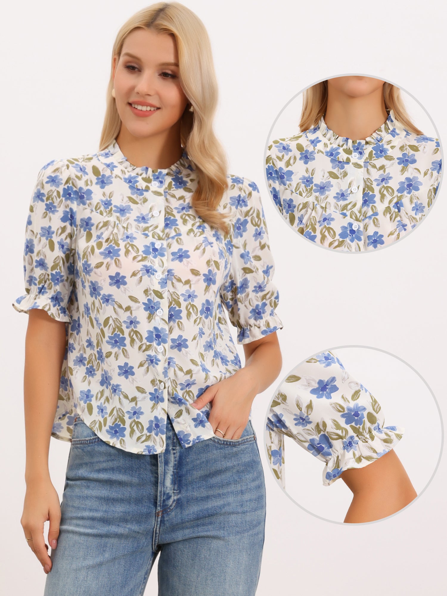 Ruffled Mock Neck Floral Button Down Blouse