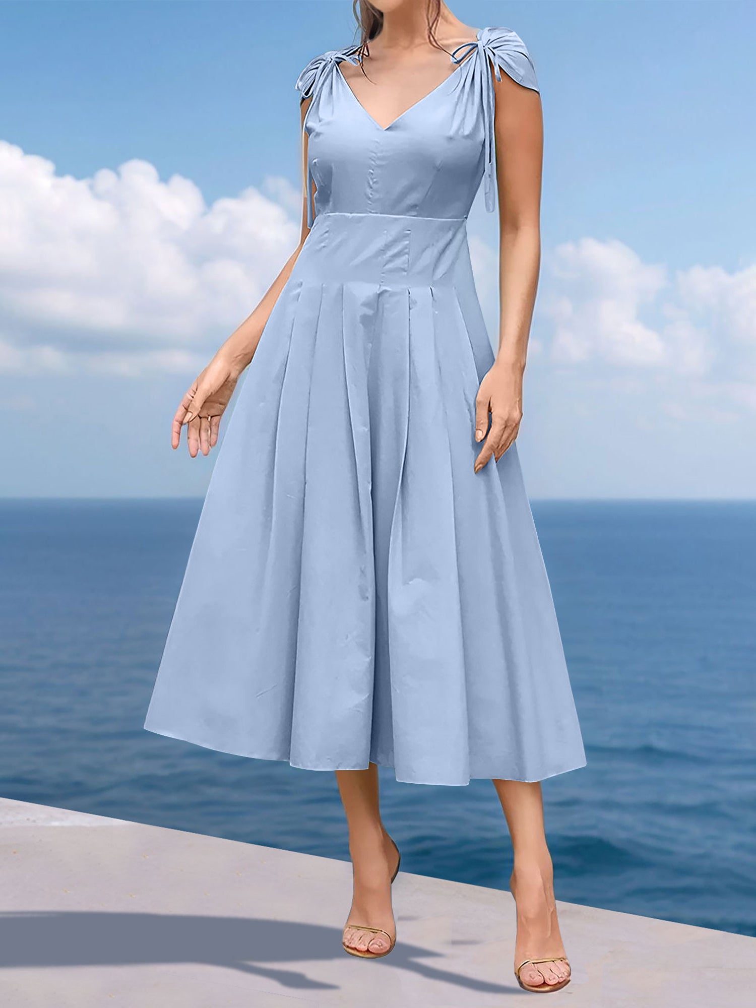 V Neck Ruched Lace-Up Cap Sleeves Pleated Midi A-Line Dress
