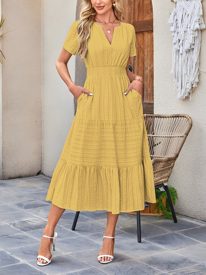 Women's Casual Notch Neck Puff Sleeve Smocked Waist Tiered Midi Dress with Pockets Summer Chic, Yellow / M Women's Casual Notch Neck Puff Sleeve Smocked Waist Tiered Midi Dress with Pockets Summer Chic, Yellow / M