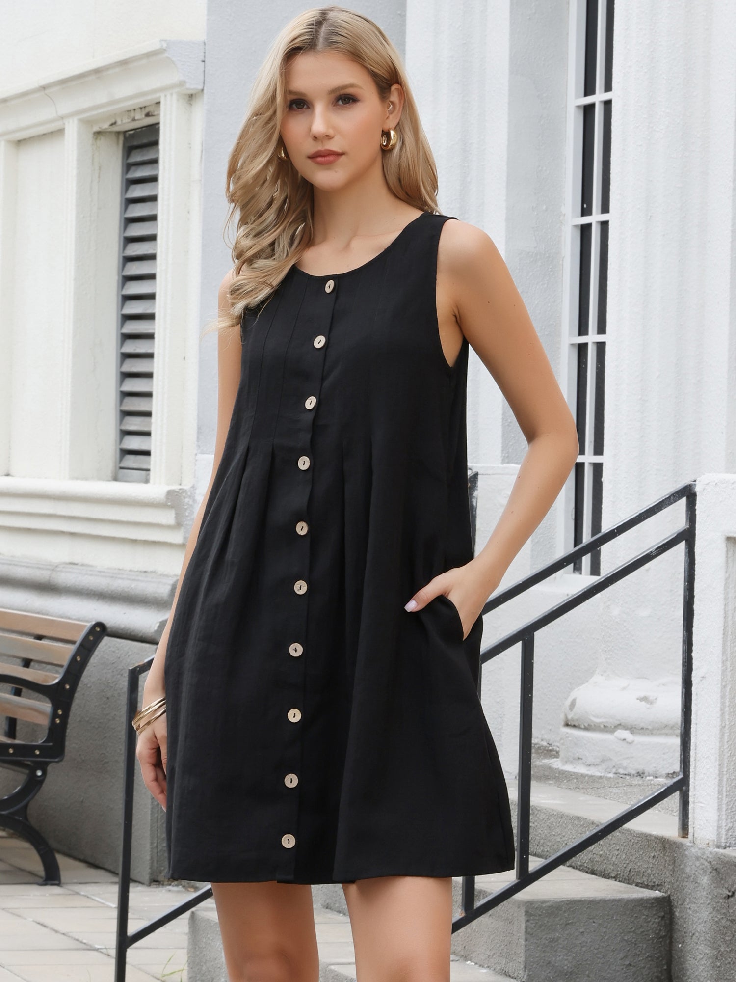 Sleeveless Pleated Pocketed Mini Shift Dress