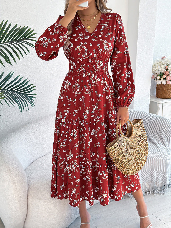 floral smocked tiered midi dress Ranchero Floral Sunfire Smocked Bodice Tiered Midi Dress BLUE-ORANGE / M by Sugarlips