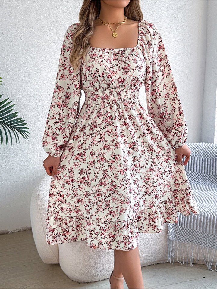 Floral Square Neck Long Sleeve Smocked A-Line Dress, Navy / S