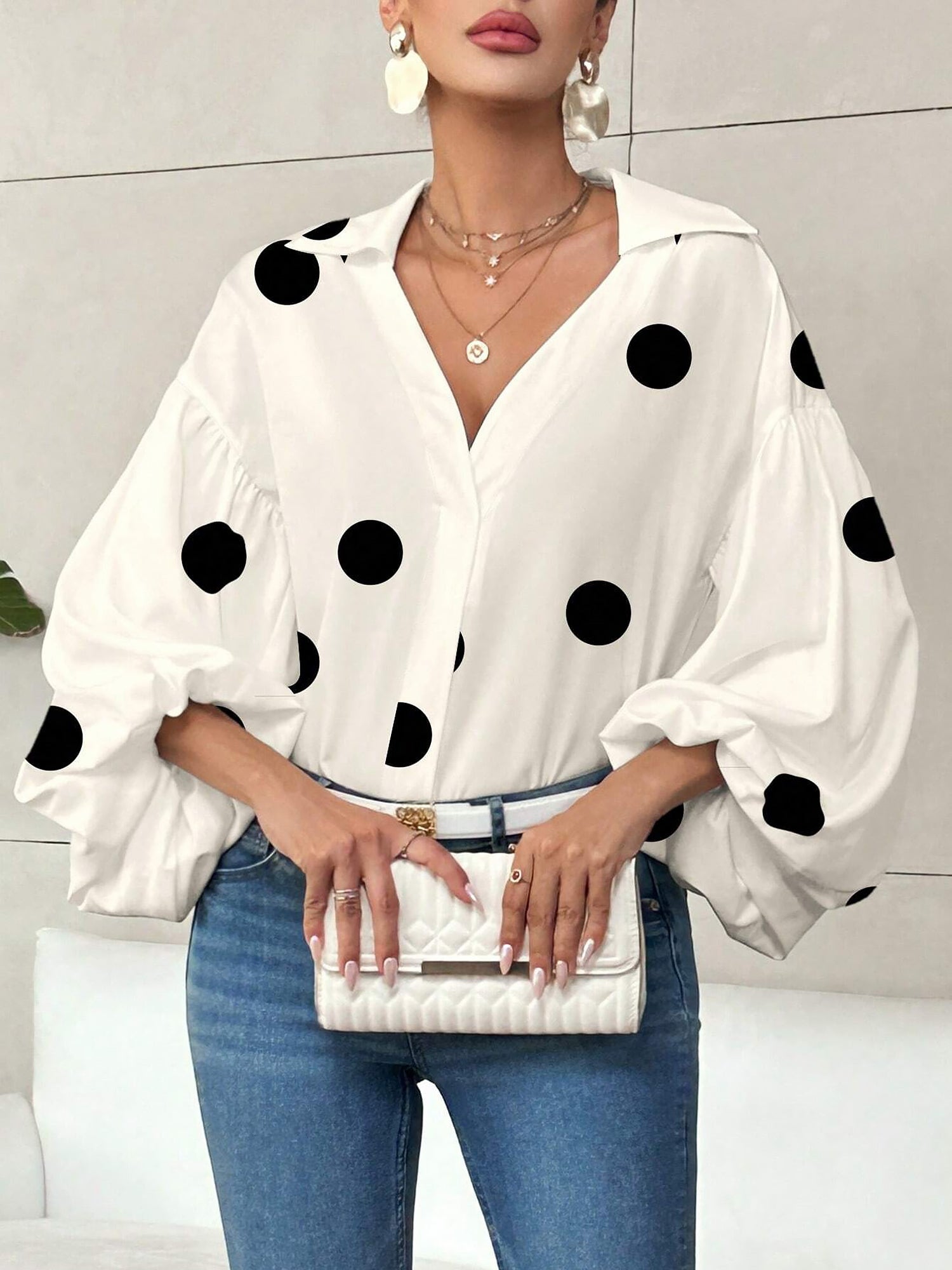 Collar V Neck Polka Dot Puff Long Sleeves Casual Blouse