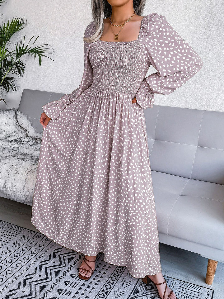 long sleeve maxi dress square neck Square Neck Smocked Graphic Long Sleeve Maxi Dress, Nude / XS