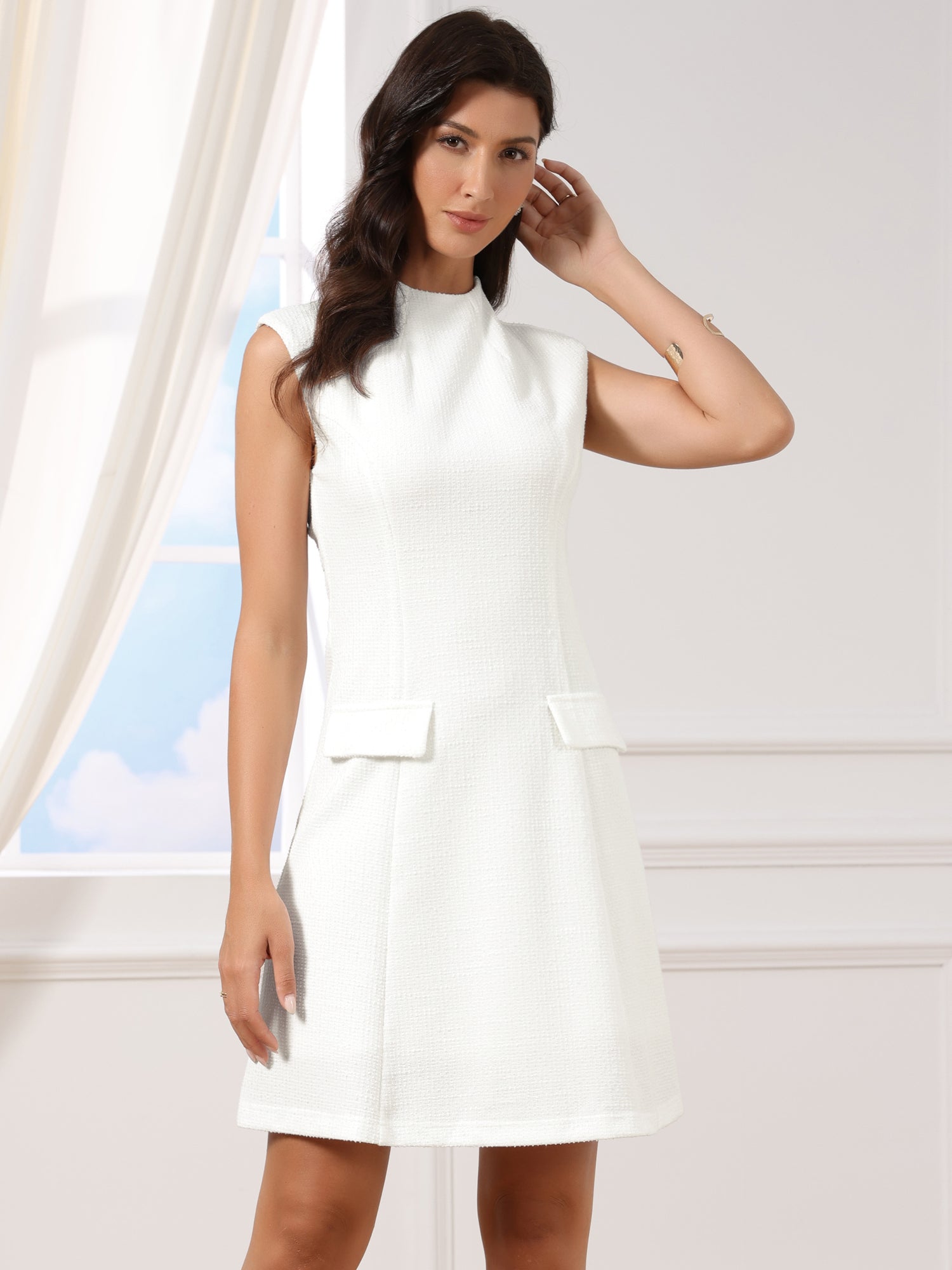 Tweed Mock Neck Sleeveless Office Sheath Dress
