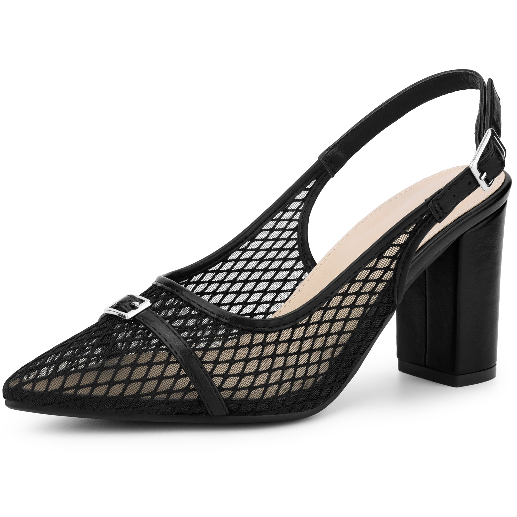 Women's Mesh Mental Buckle Chunky Heel Slingback Pumps