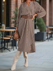 Striped Notch Neck Long Sleeves Belted Pockets Dress, Black / M
