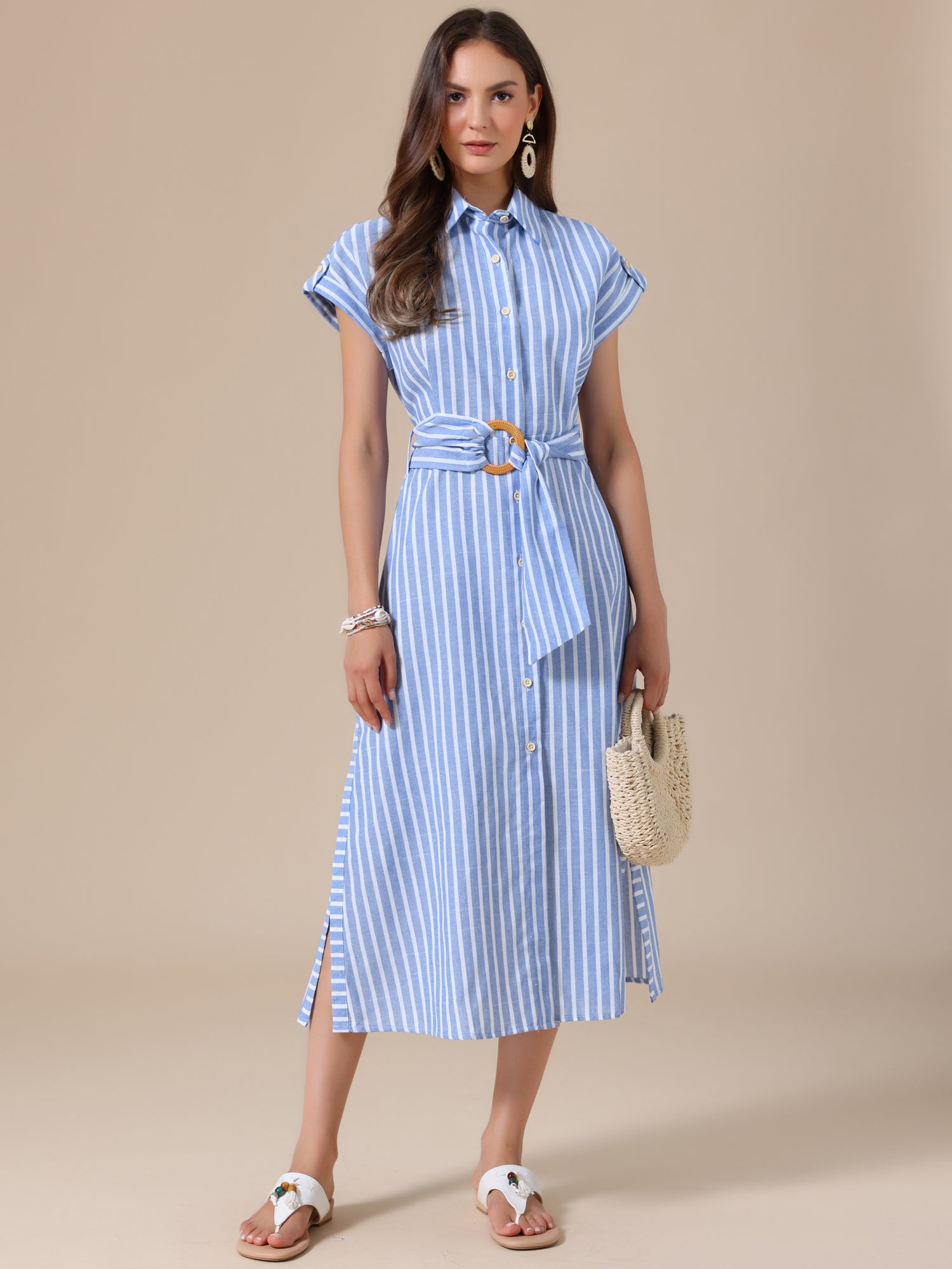 Striped Button Down Side Slit Belted A-Line Shirt Dress