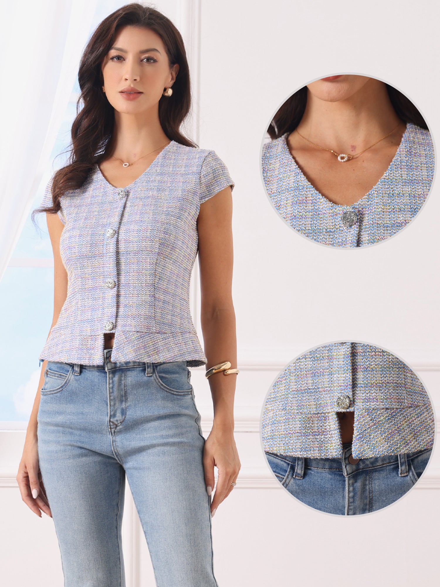 Tweed Button Decor Cap Sleeve Plaid Blouse
