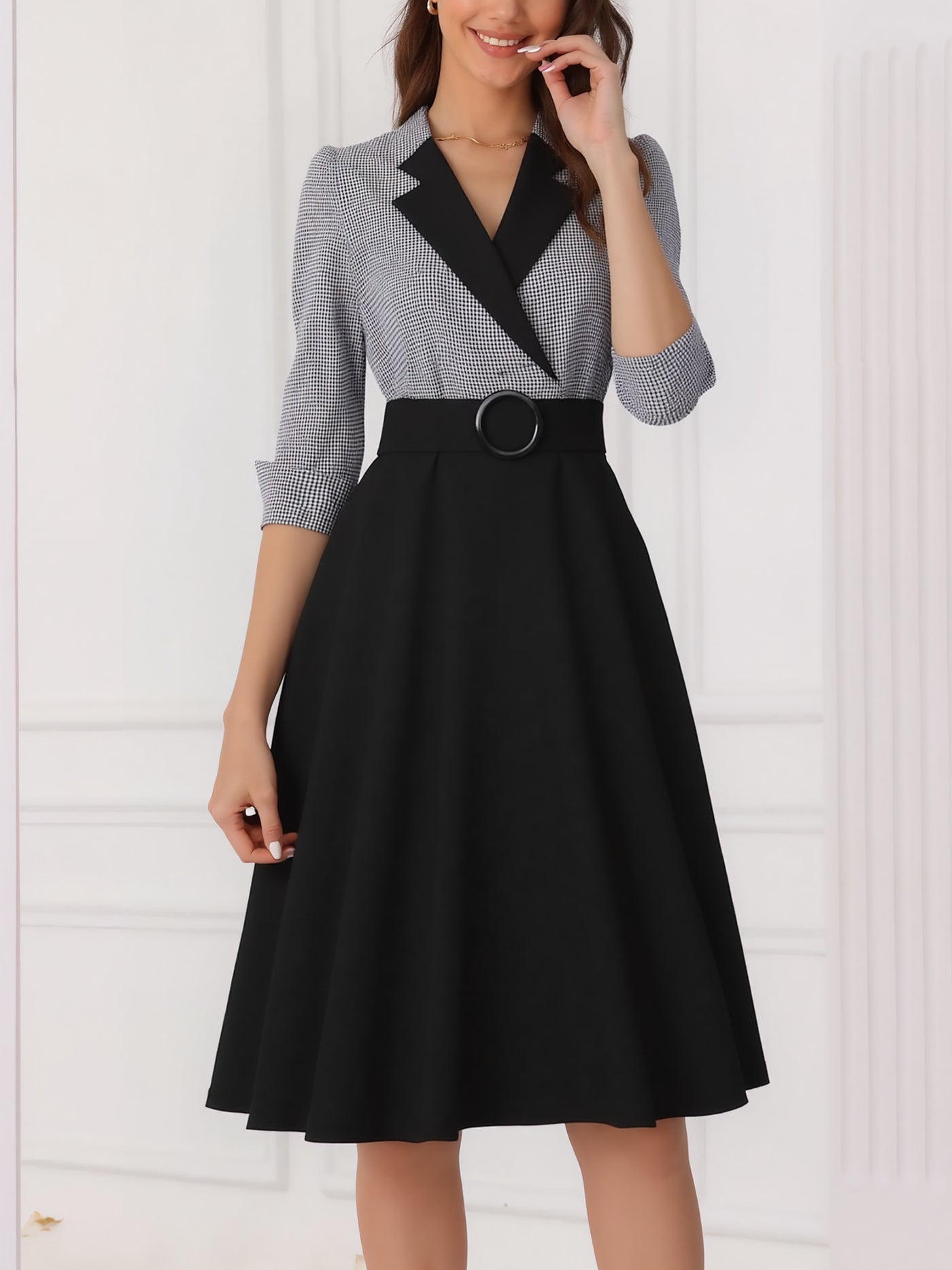 Vintage 3/4 Puff Sleeves Collared Gingham Patchwork Belted A-Line Midi Dress, Black / Xs