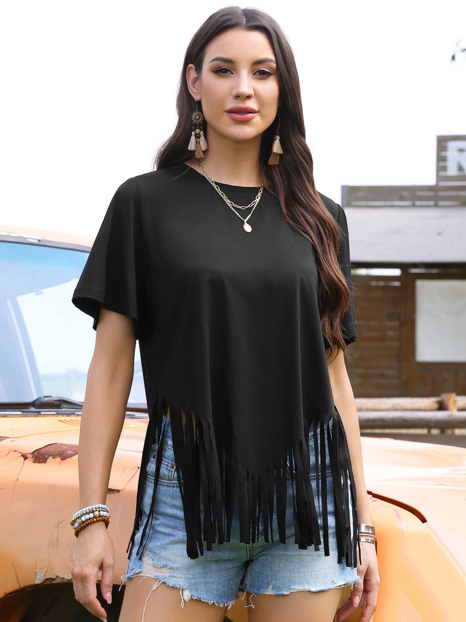 Fringe Short Sleeve Crew Neck Solid Casual Tassel T-Shirts