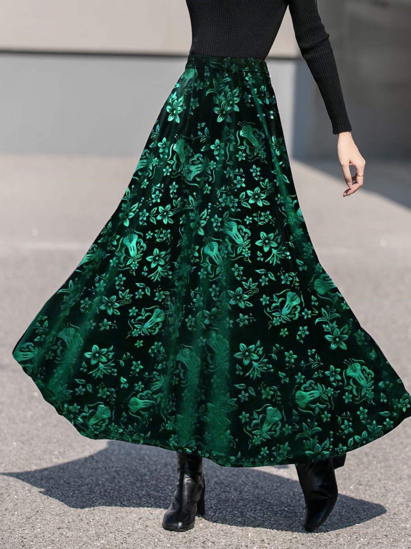 Velvet Floral Textured Elastic Waist Maxi A-Line Skirt | Allegra K
