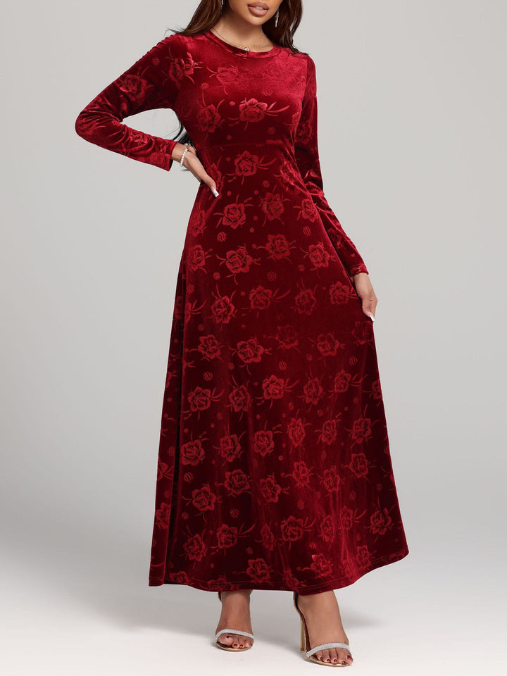 red velvet long sleeve maxi dress Velvet Floral Textured Round Neck Long Sleeves Maxi Dress