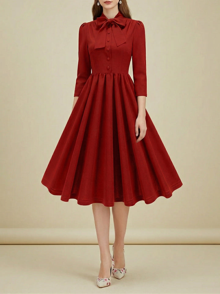 midi swing dress formal Vintage Lace Swing Dress for Women - 1950s V Neck 3/4 Sleeve Belted A-Line  Midi Dress