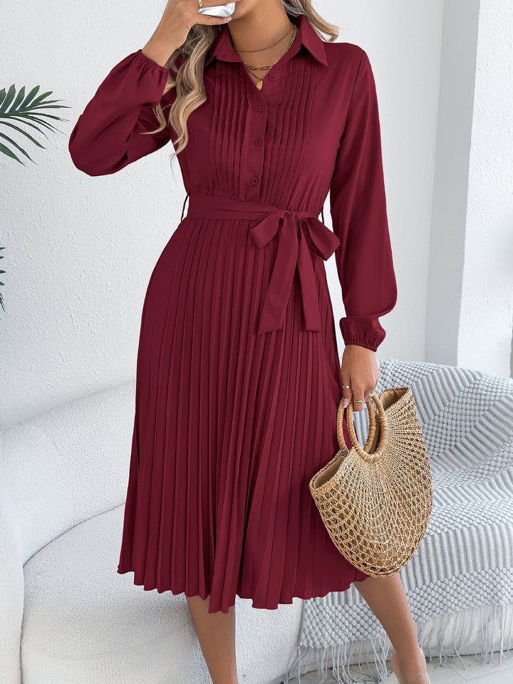 pleated midi shirt dress Collared Long Sleeve Belted Pleated Midi Shirt Dress, Burgundy / L
