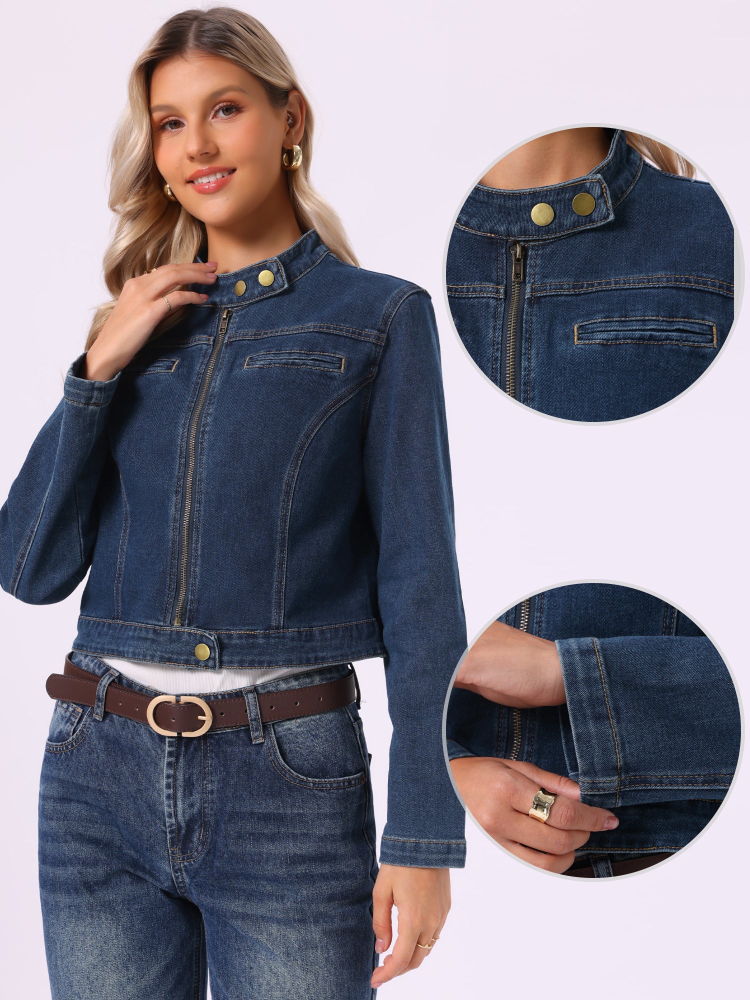 Zip Up Stand Collar Long Sleeve Motorcycle Denim Jean Jacket