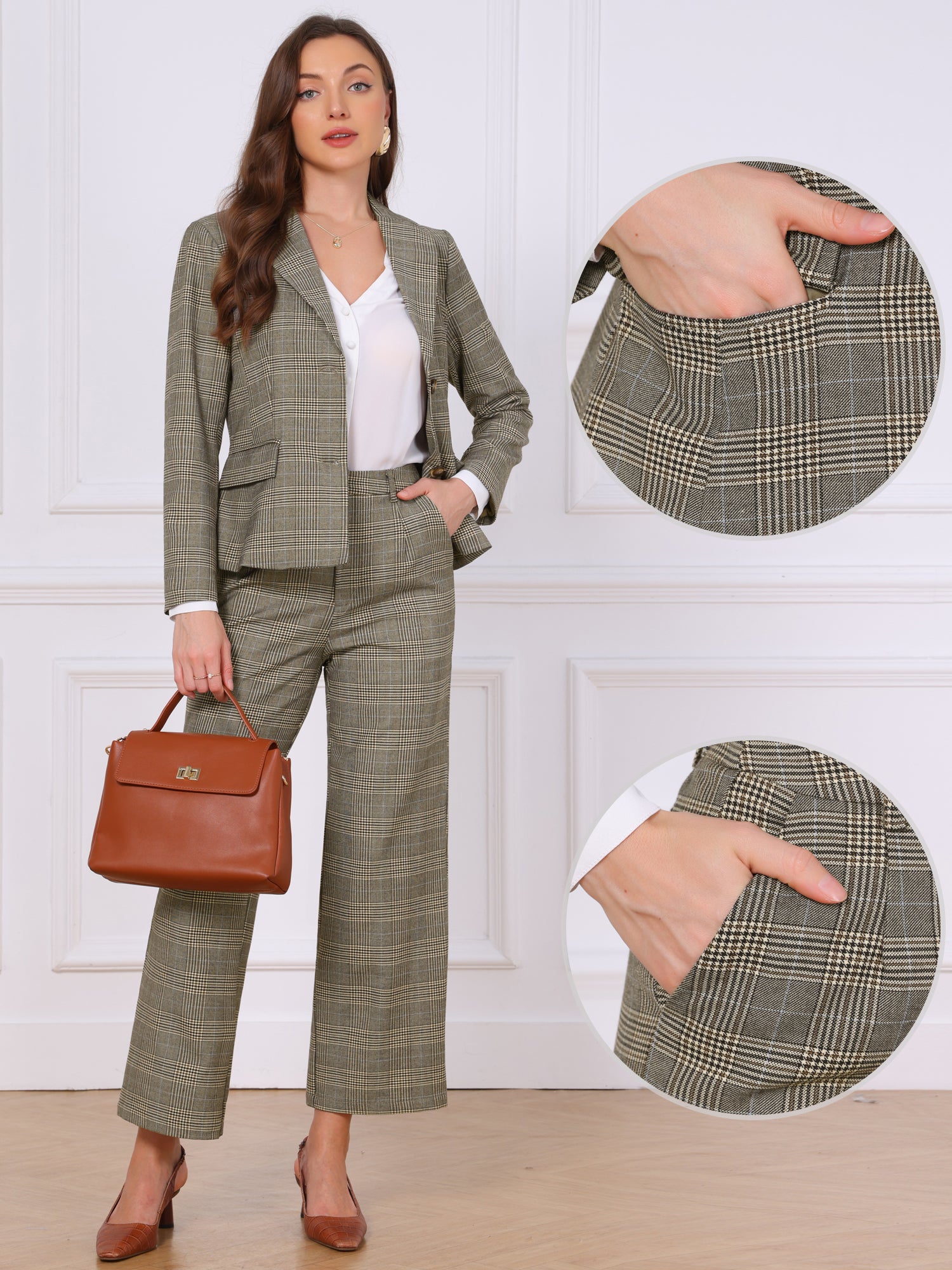 2 Piece Pant Suits Plaid Business Work Blazer Jacket Pant Set