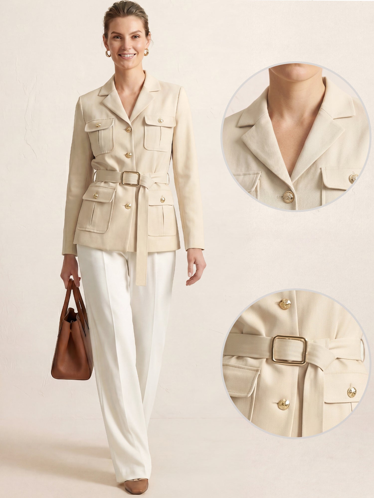 Notched Lapel Long Sleeves Pockets Belted Work Jacket