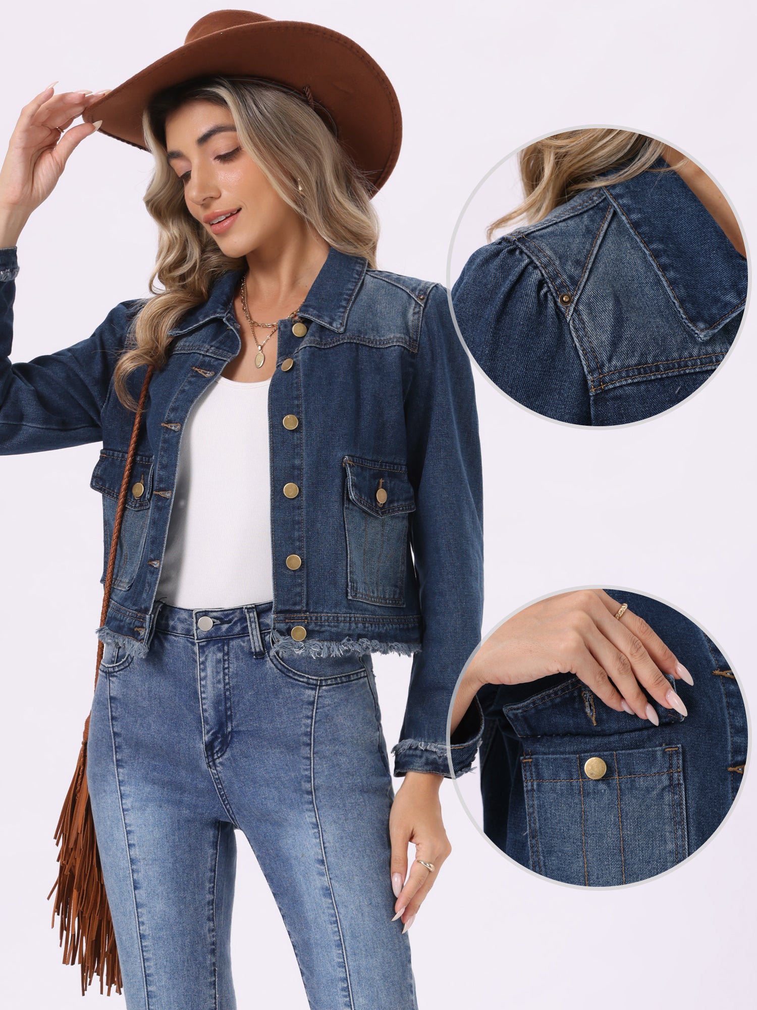 Collared Long Sleeve Button Up Cropped Denim Jean Jacket