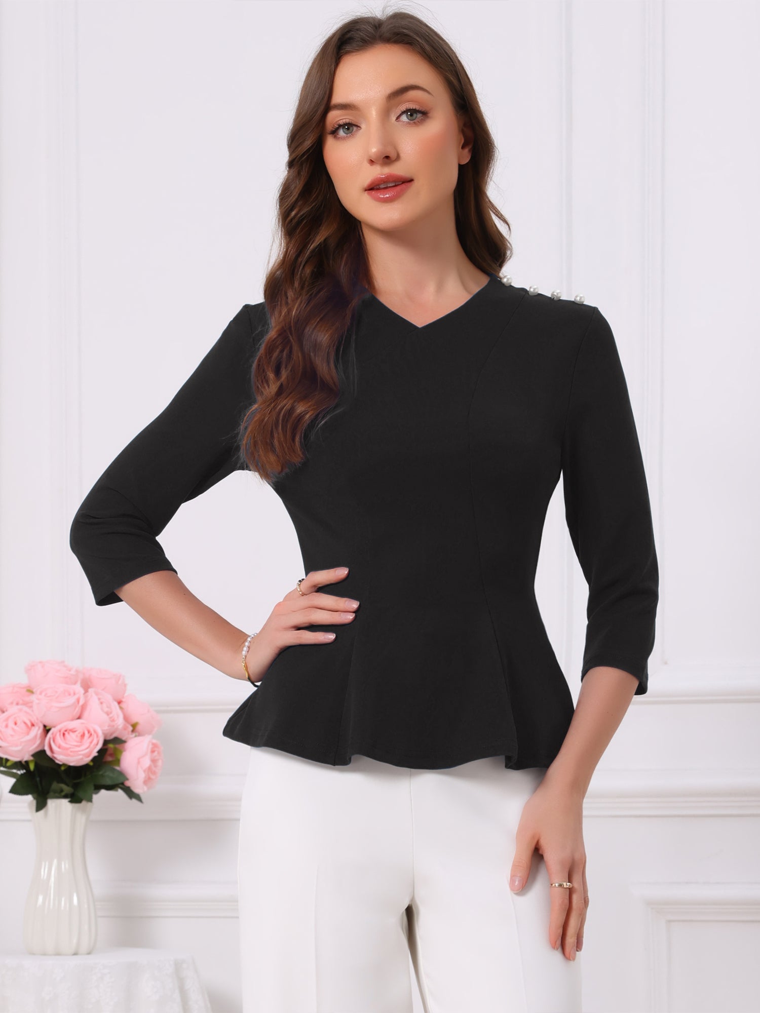 Faux Pearl Decor V Neck Work Office 3/4 Sleeve Peplum Blouse