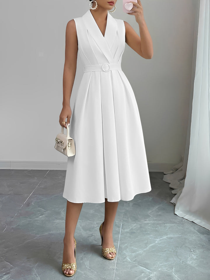 white midi swing dress Solid Color/Polka Dot Belted Midi Vintage Swing Dress, White / S
