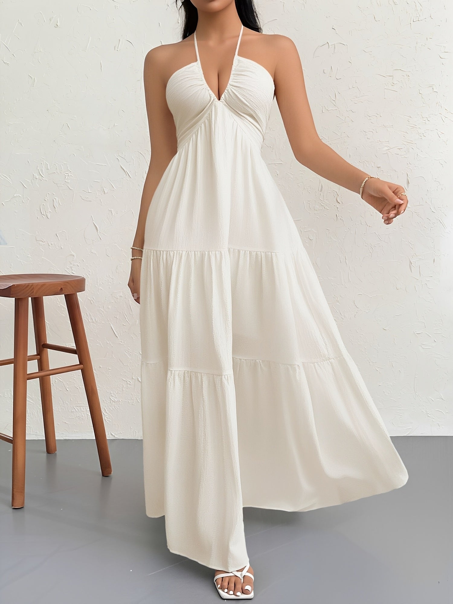 Halter Neck Backless Lace-Up Tiered A-Line Resort Dress