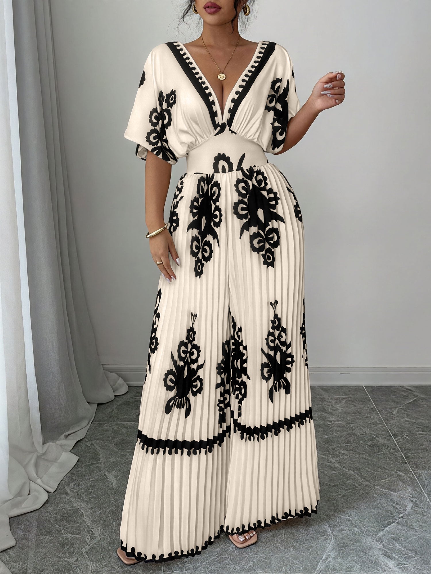 Boho Printed Batwing Sleeves Pleated Wide Legs Jumpsuits