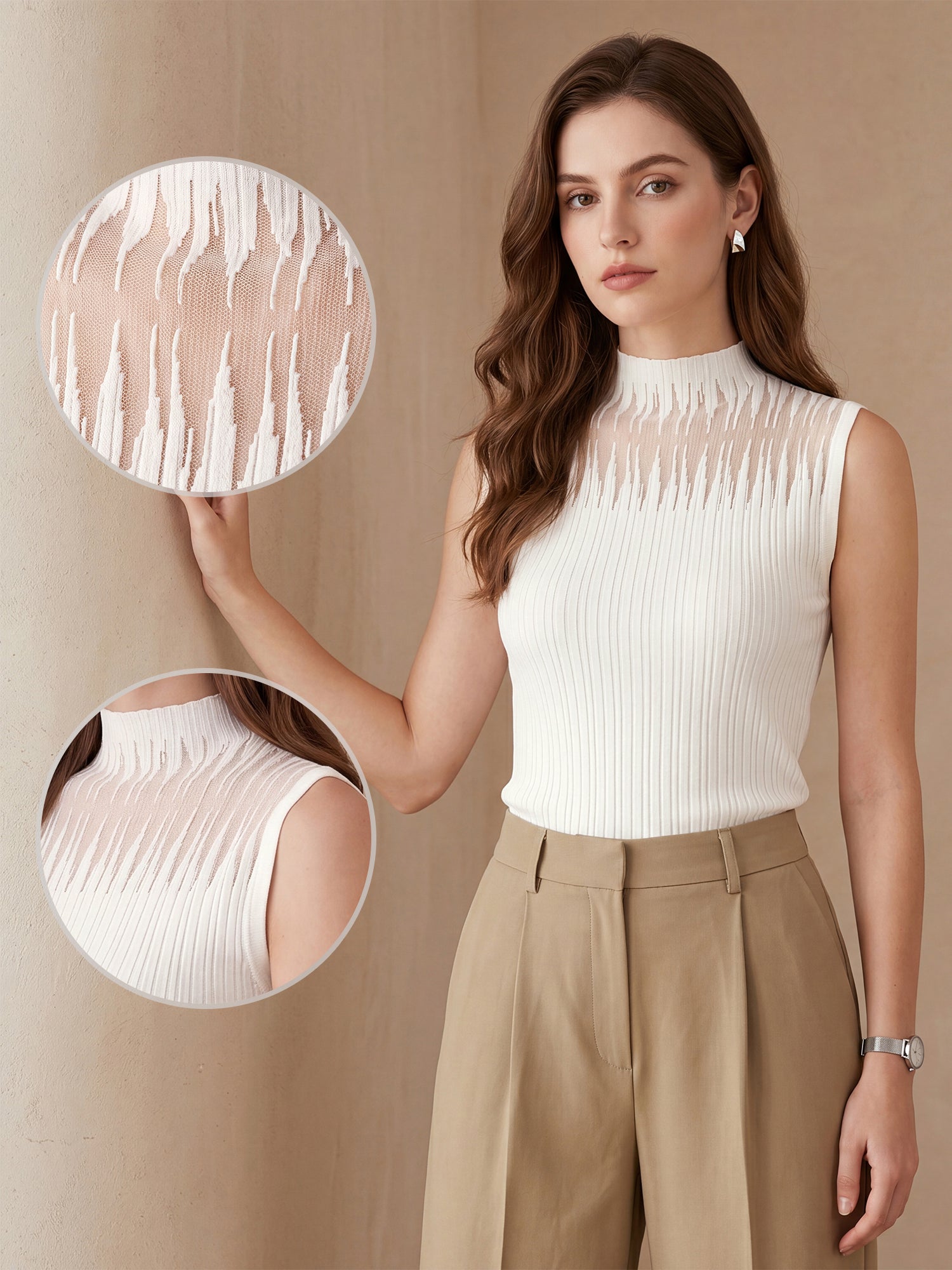 Sheer Mesh Sleeveless Mock Neck Ribbed Knit Top