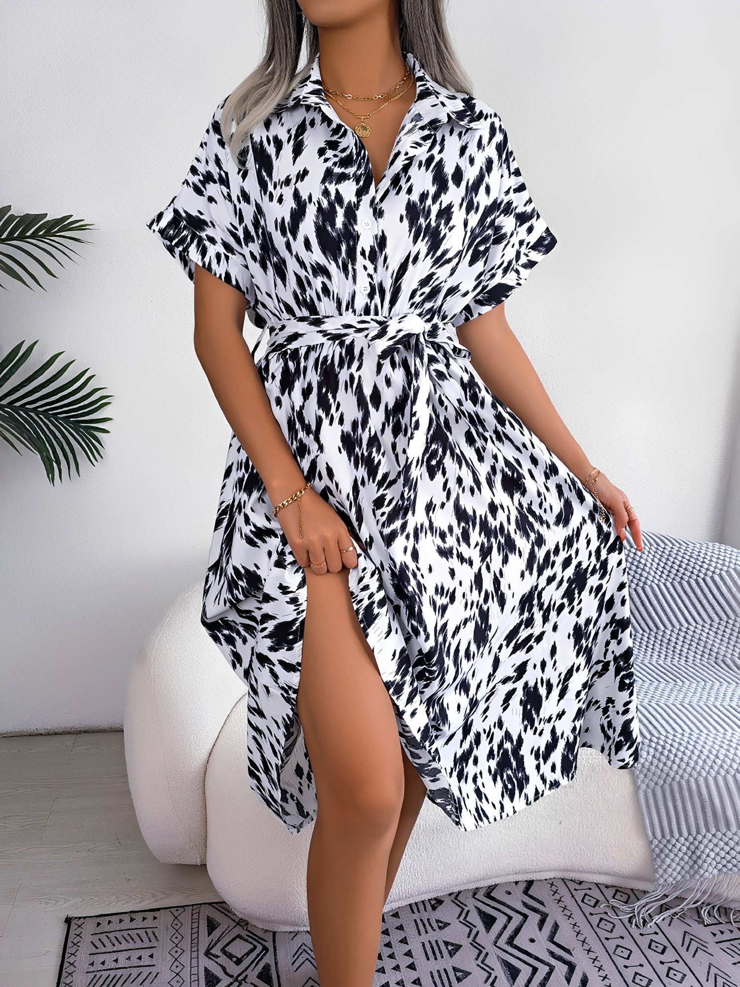 Printed Short Sleeves Bellted Midi Shirt Dress