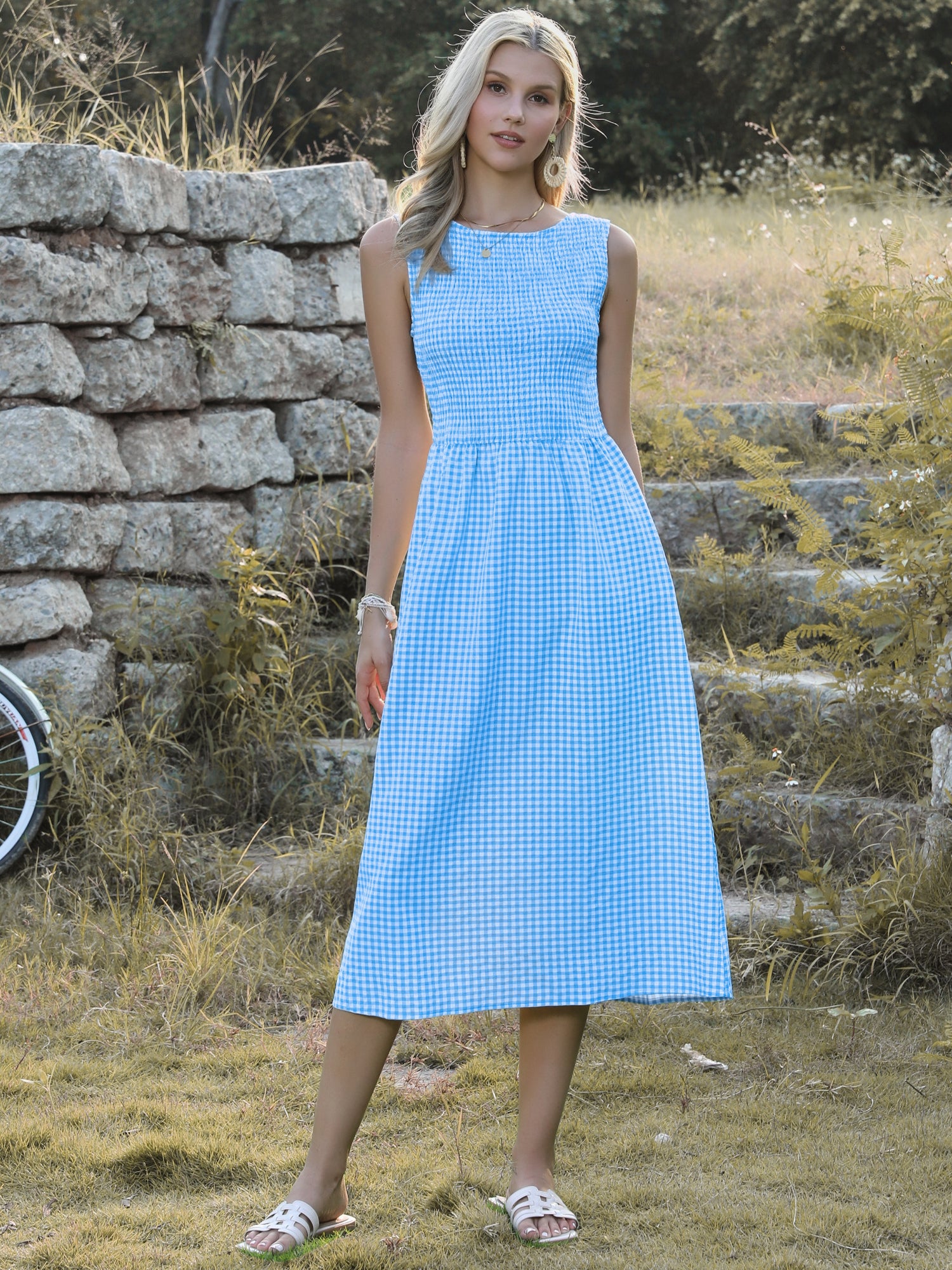 Gingham Smocked Sleeveless Crew Neck A-Line Dress with Pockets