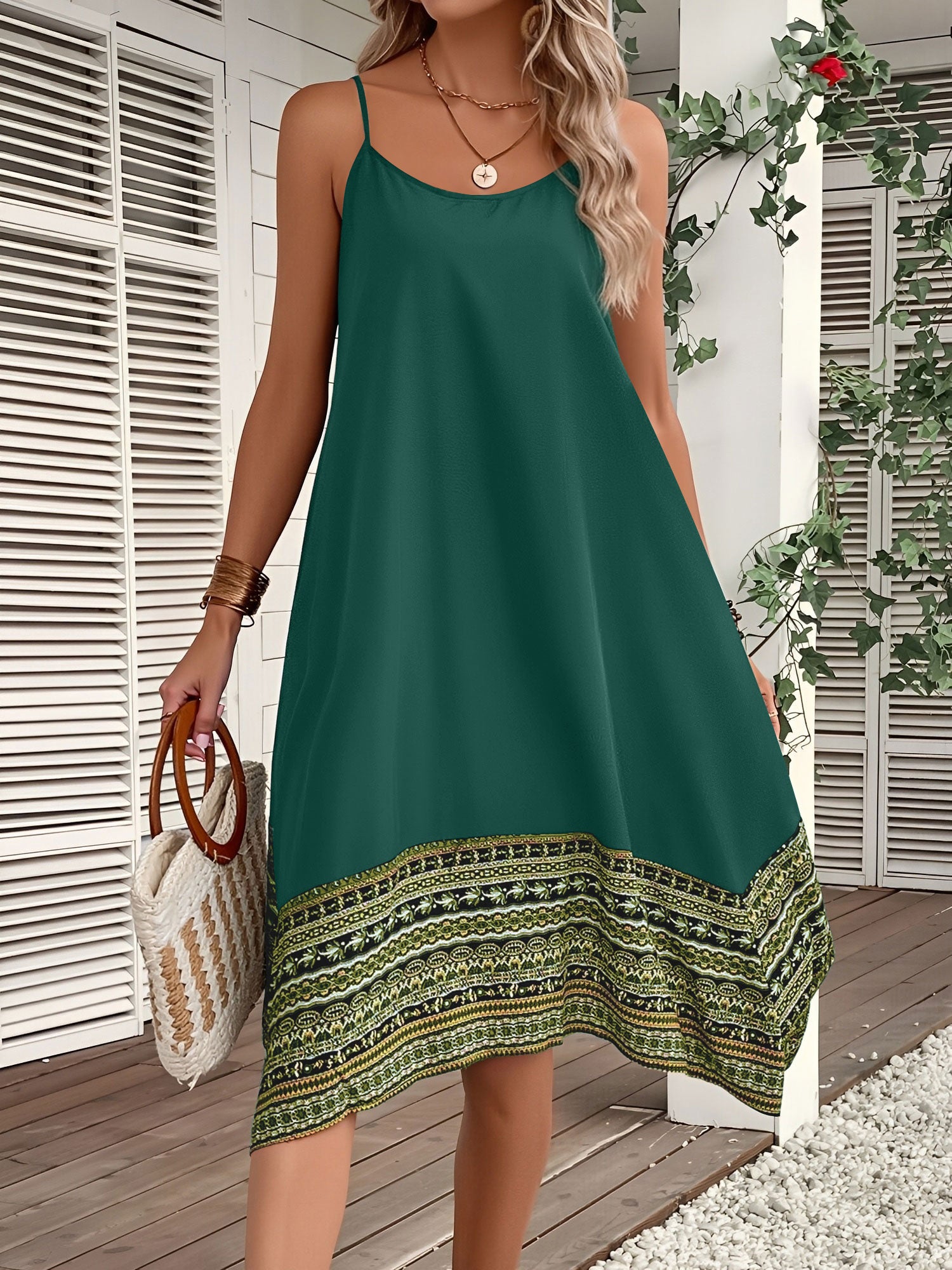 Spaghetti Strap Patchwork Boho Asymmetrical Hem Dress