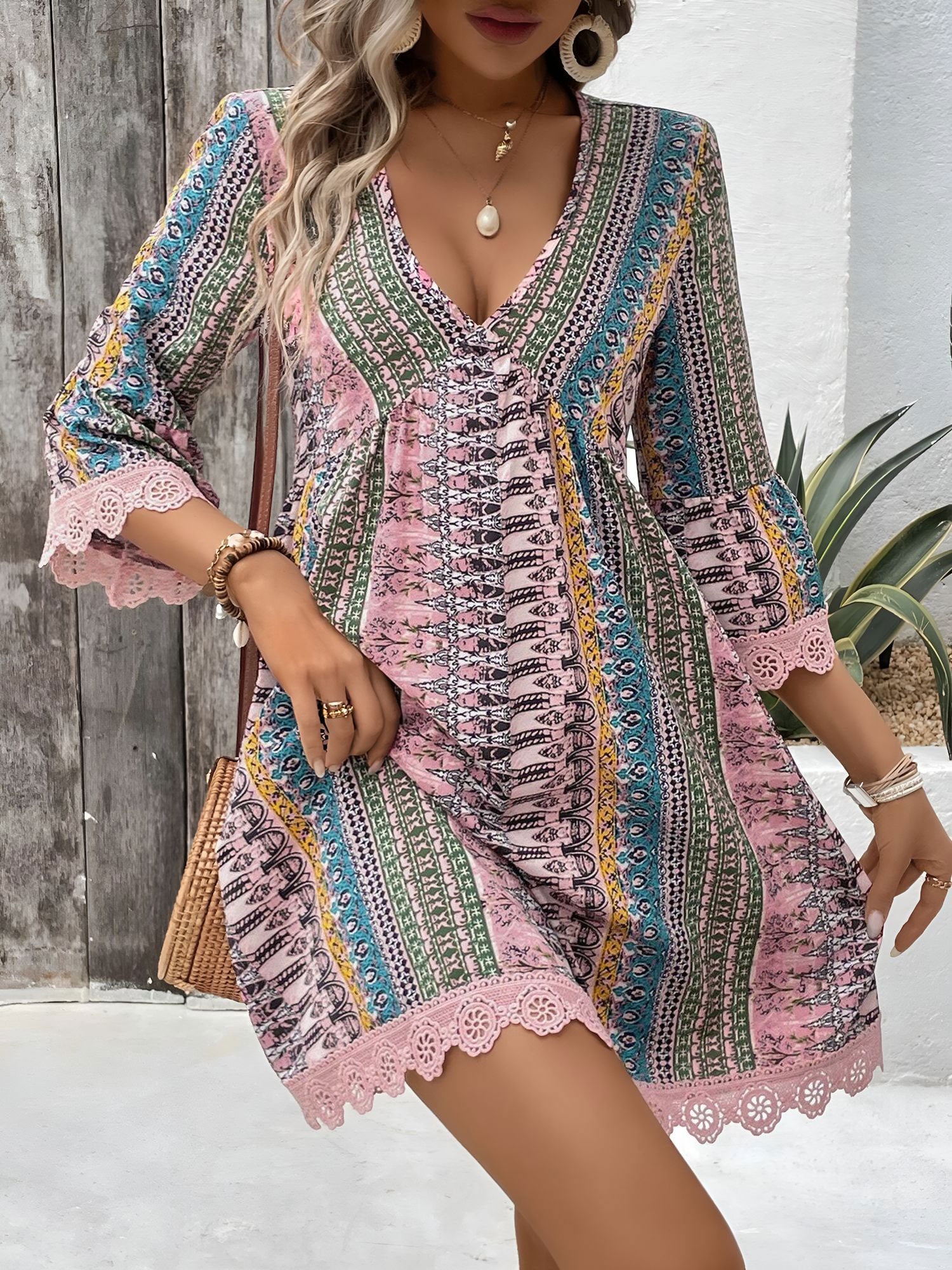 Boho V Neck 3/4 Sleeves Lace Hem Mini Resort Dress