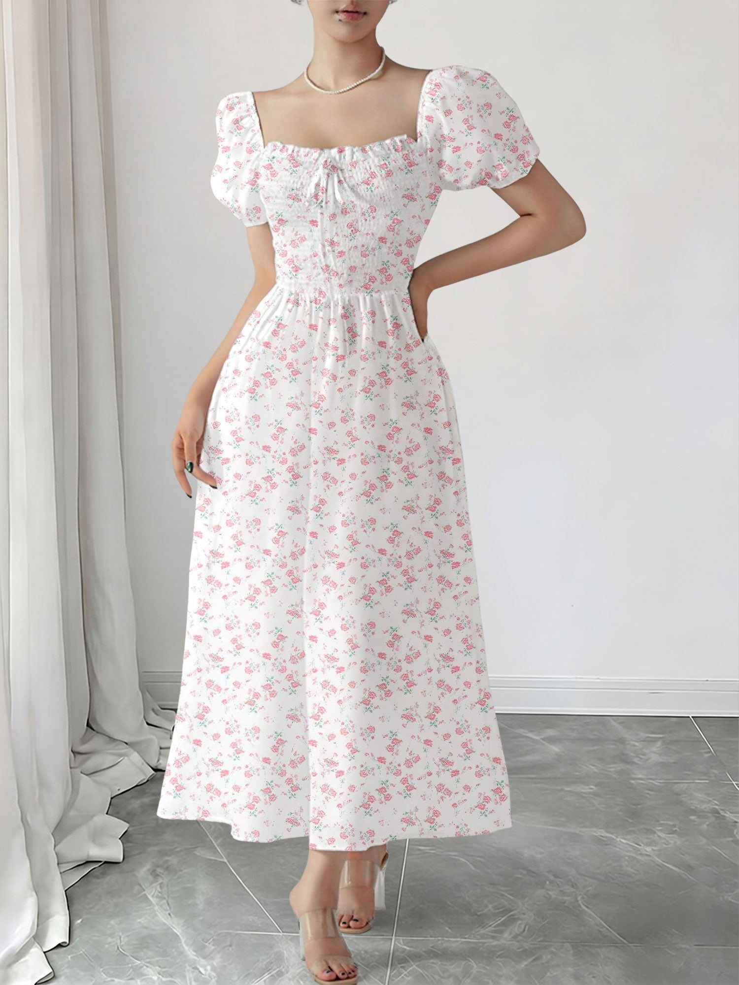Square Neck Puff Sleeve Floral Smocked A-Line Dress