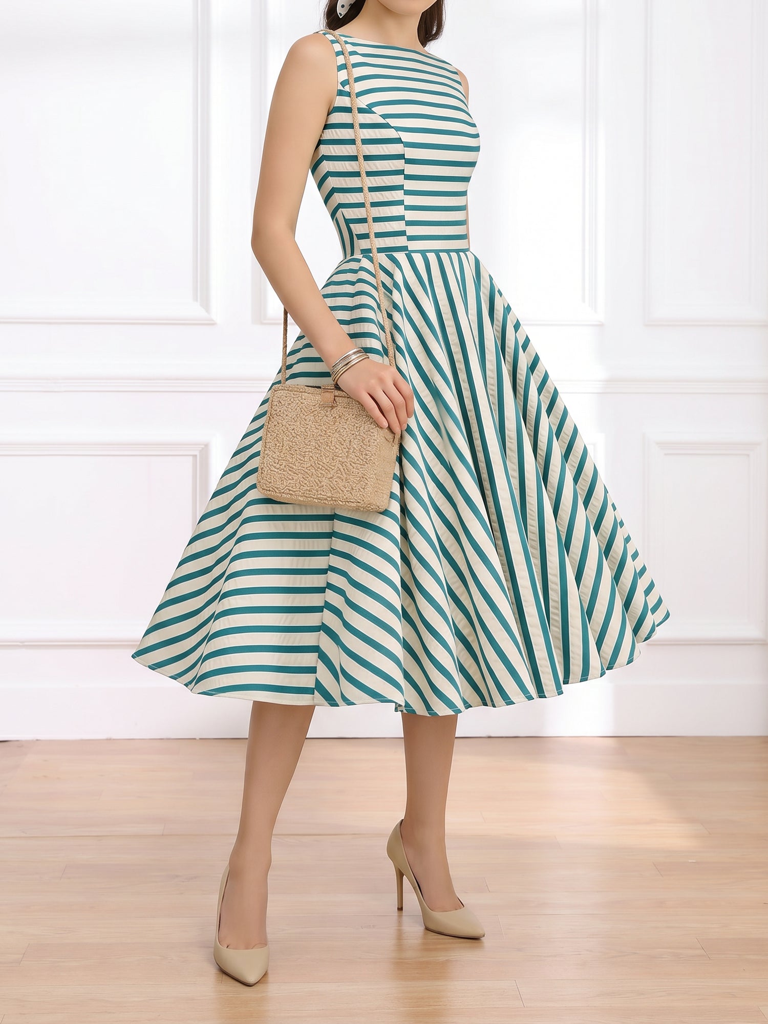 Retro 1950s Asymmetrical Stripes Playful Midi Swing Dress