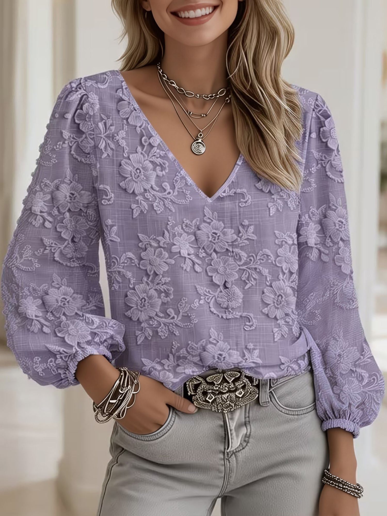 Floral Puff 3/4 Sleeve V Neck Casual Blouse