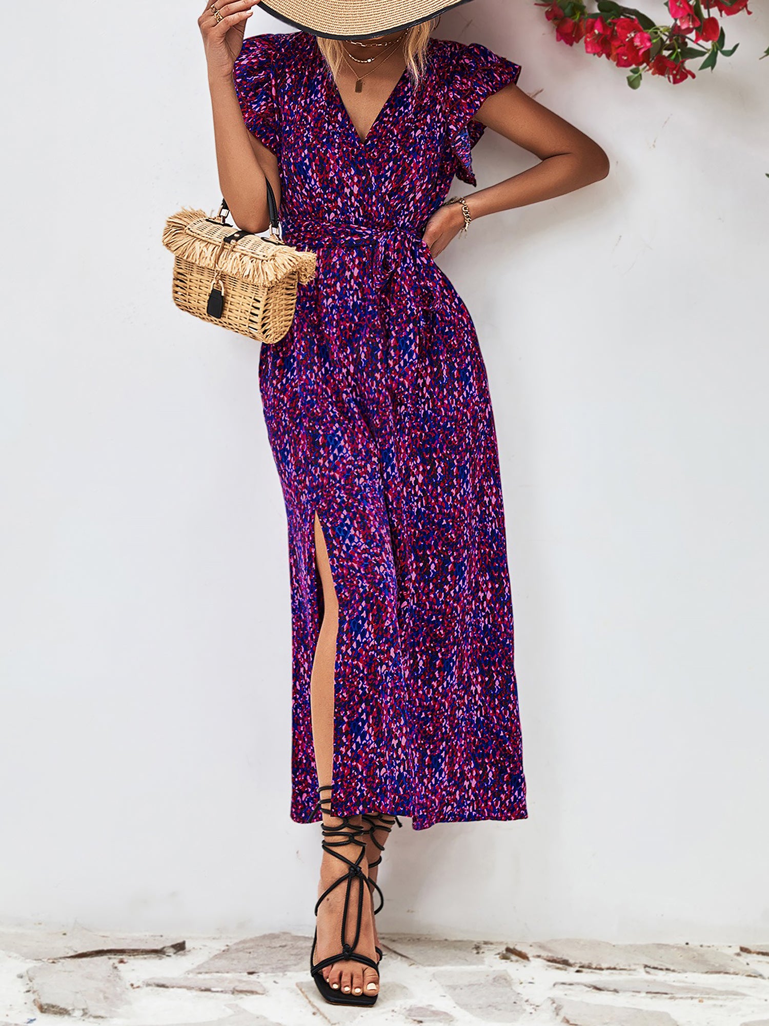 Floral Ruffled Short Sleeves Side Slit Dress