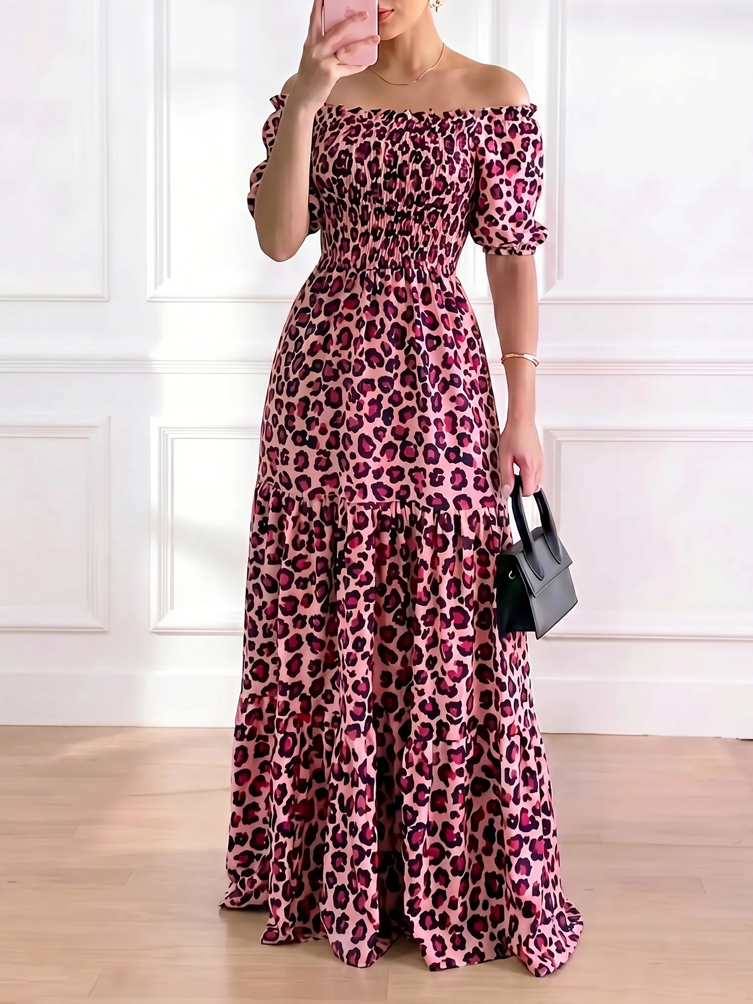 Off-the-Shoulder Leopard Floral Puff Sleeve Tiered Maxi Dress