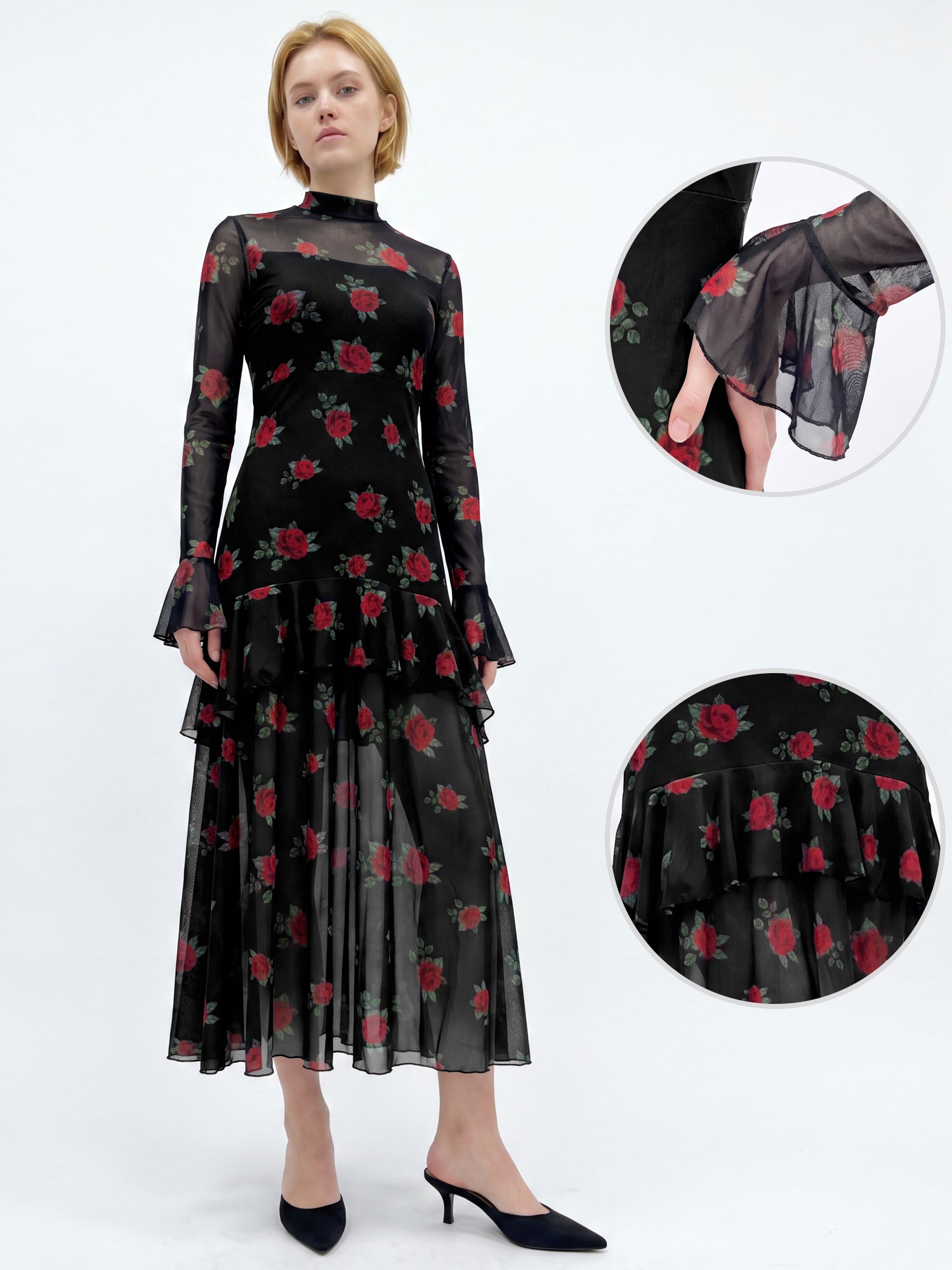 Mesh Flounce Sleeve Tiered Ruffle Floral Maxi Dress