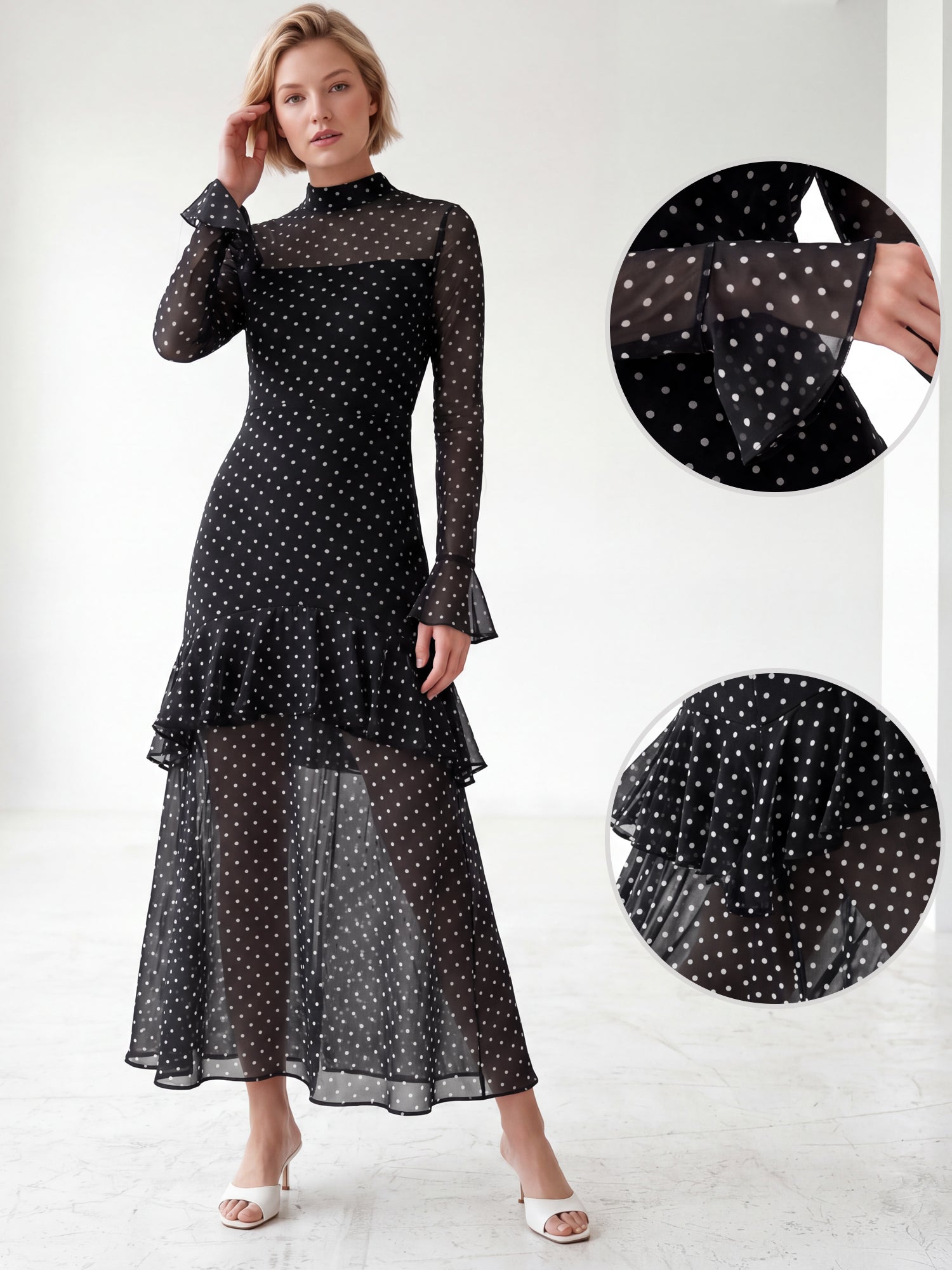 Flounce Sleeve Ruffle Polka Dot Mesh Maxi Dress