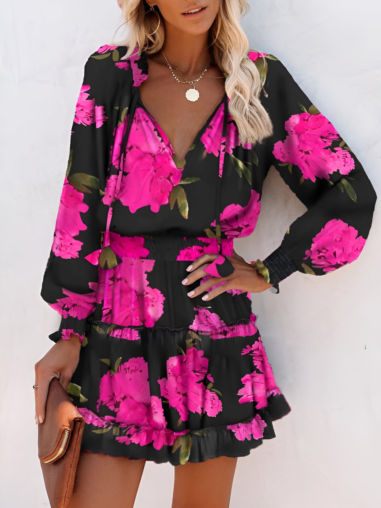 Ruffled Printed V-Neck Fitted Long Sleeve Tiered Dress