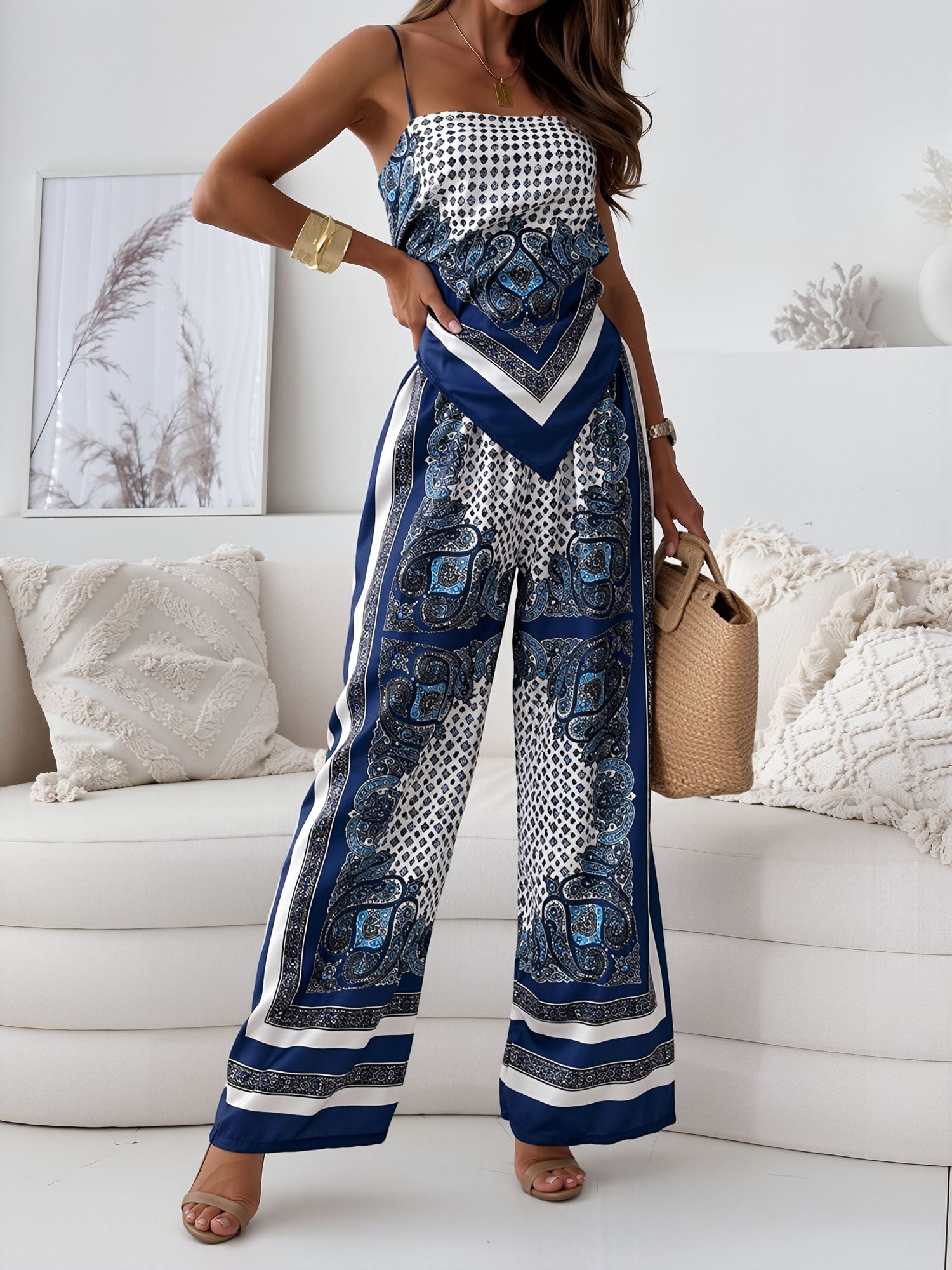 2 Pieces Boho Spaghetti Strap Backless Top & Wide Leg Trousers Pants Resort Matching Set