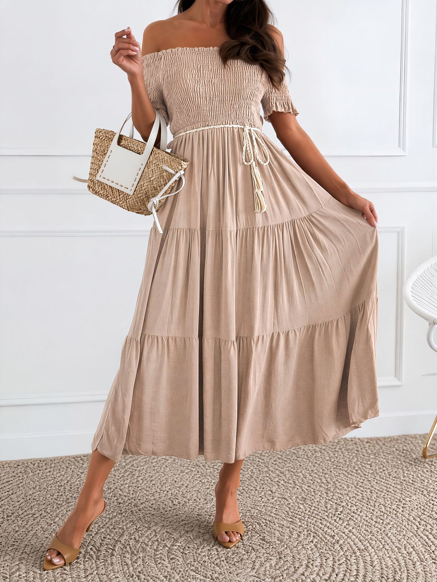 Off Shoulder Short Sleeve Smocked Tiered Midi Dress