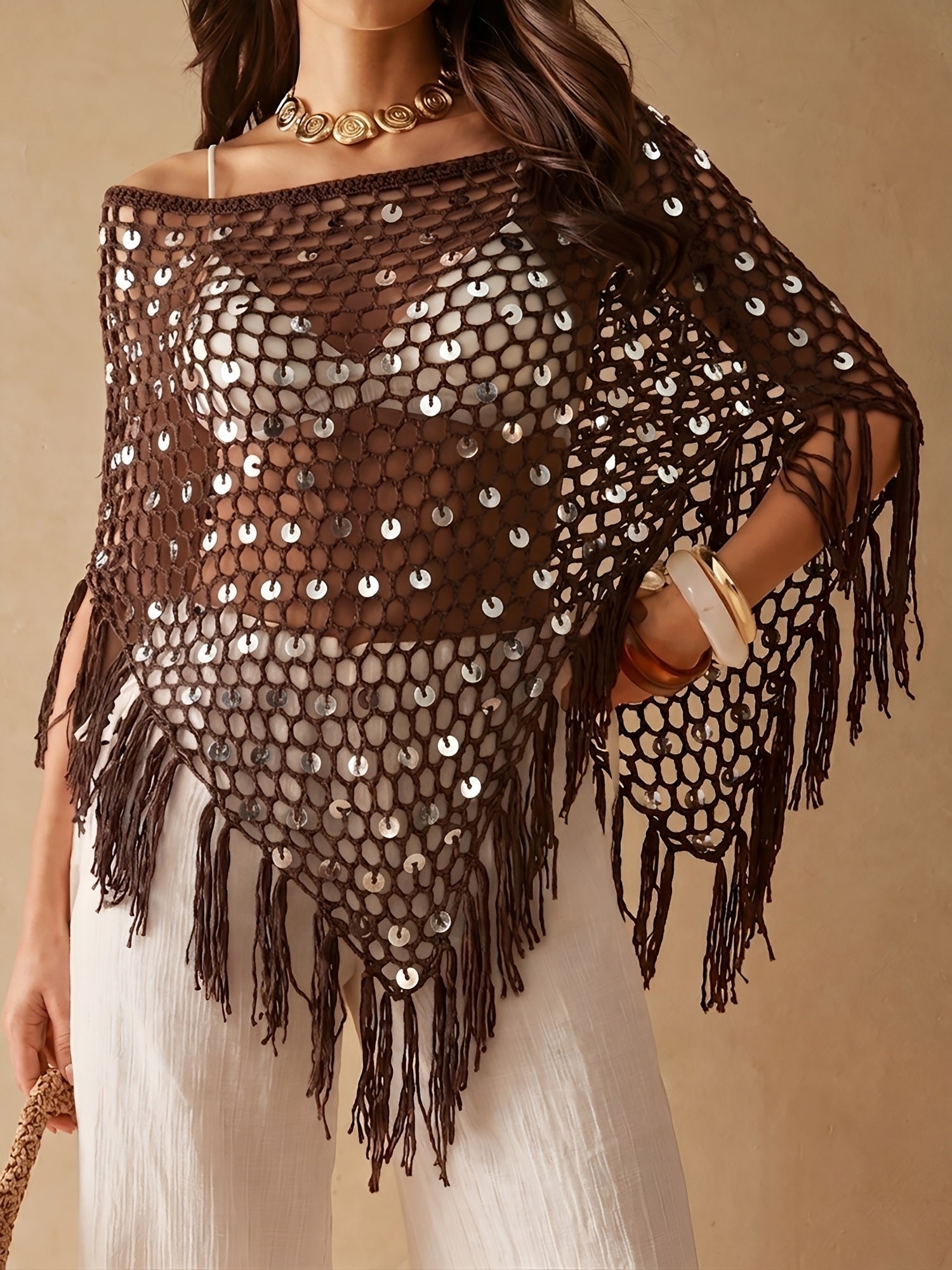 Sequined Knitted Triangle Vacation Fringed Shawl Cape Cover Up
