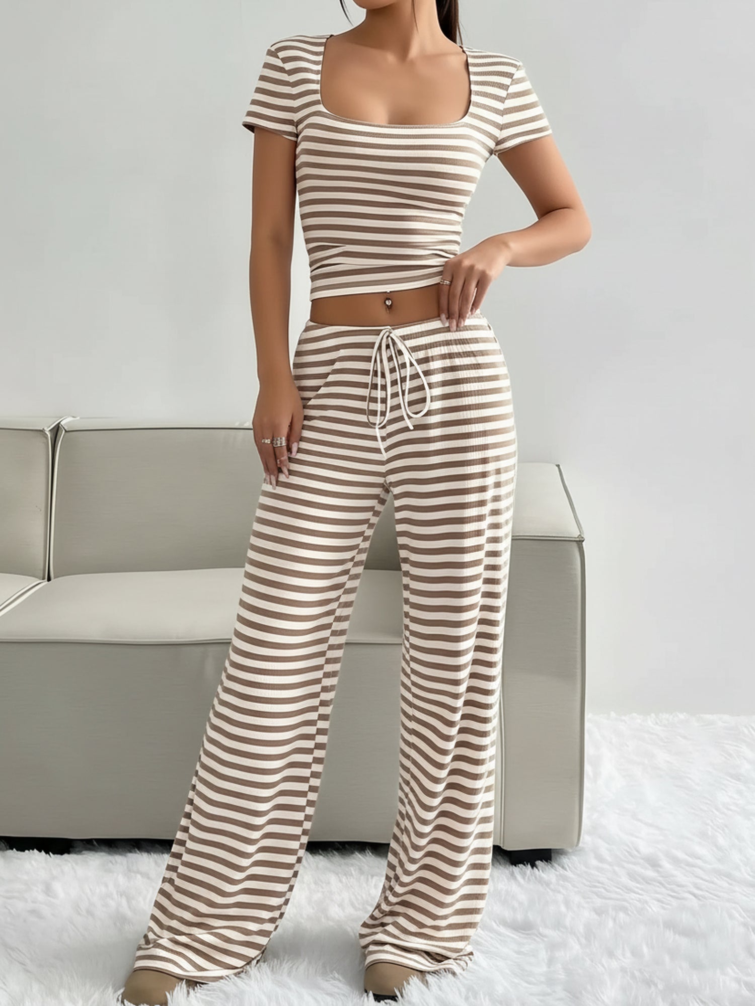 2 Pieces Striped Cropped Top & Wide Legs Trousers Pants Set