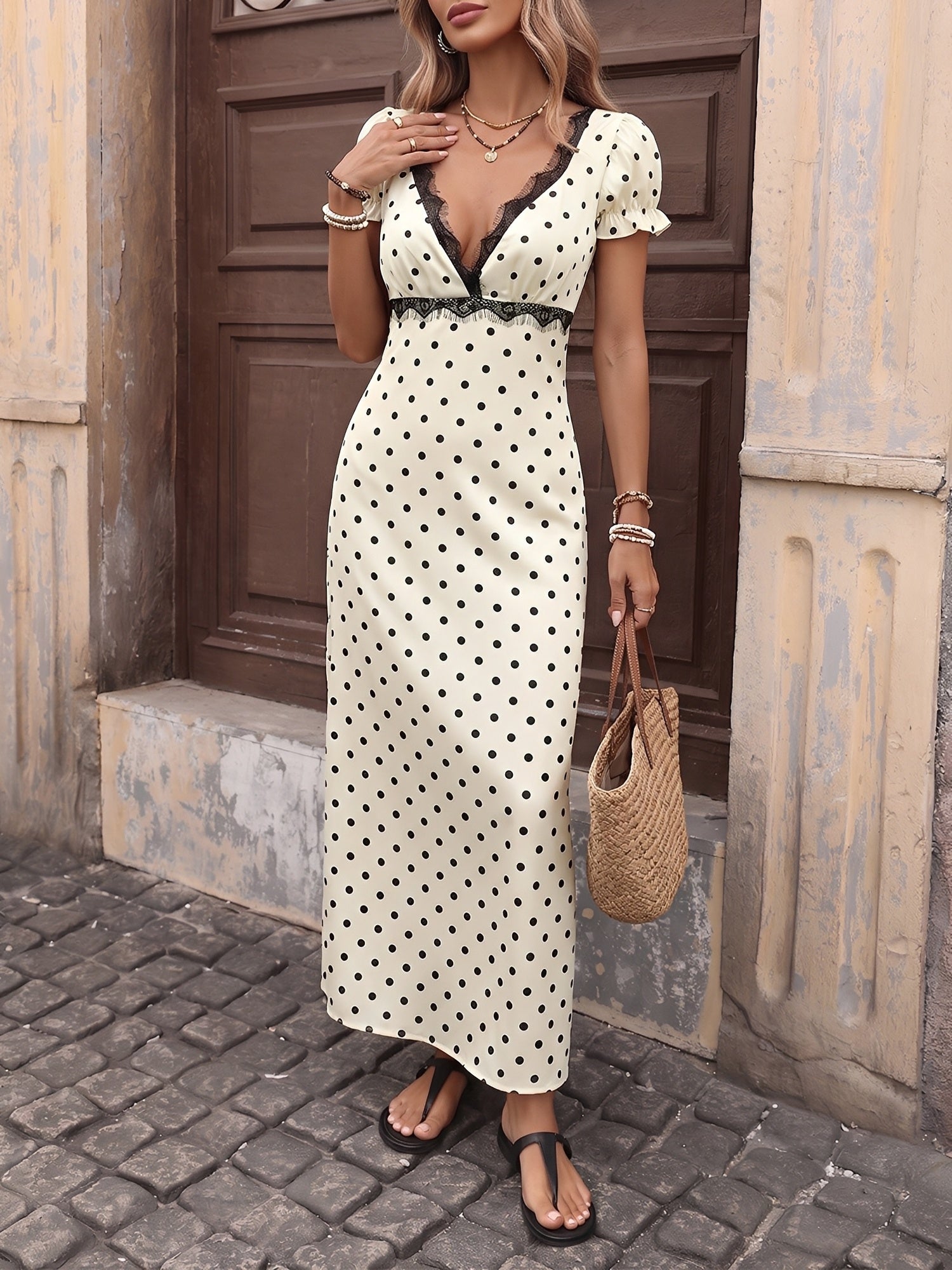 Puff Sleeve Polka Dot Lace V Neck Backless Dress